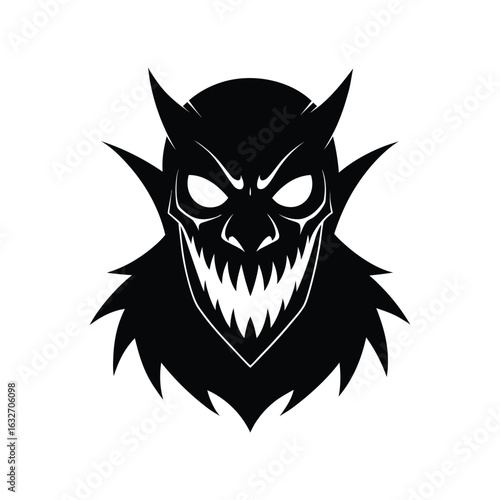 full black silhouette of a scary mask on a white background