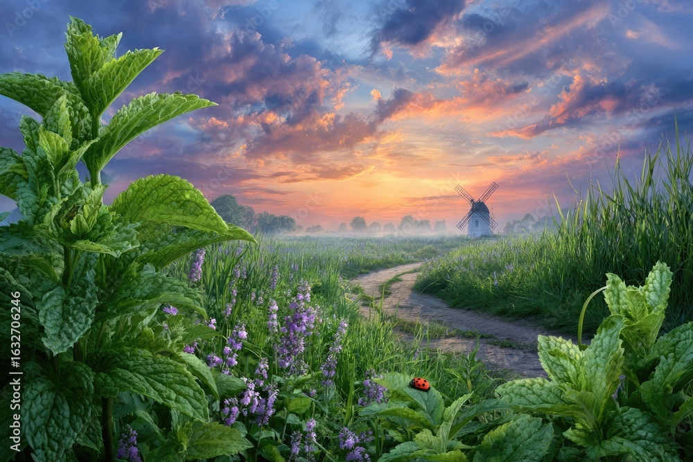 Naklejka premium sunset over the field