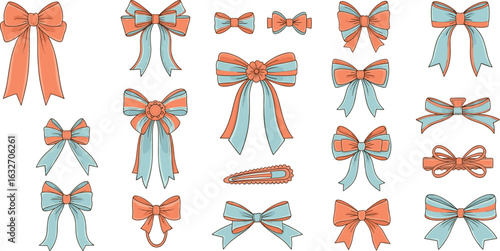 Cad drawing, flat vector illustration of bows, decorative ribbon icons, colorful styles, looped tails, textile elements, fashion accessory designs