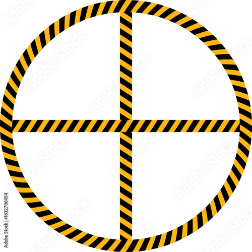 A circle divided into four parts featuring yellow and black diagonal lines.