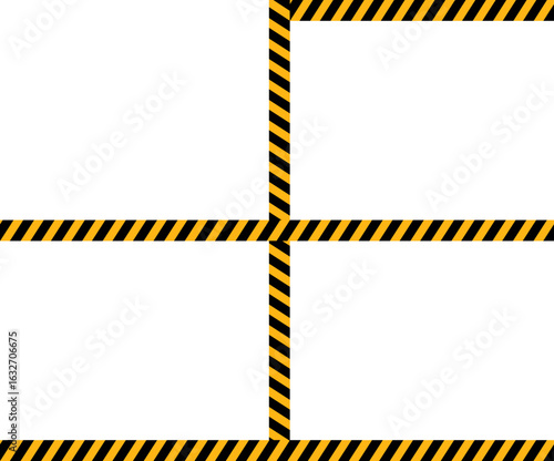 A path with one perpendicular line and another with three opposite corners with yellow and black diagonal stripes resembling a traffic sign.