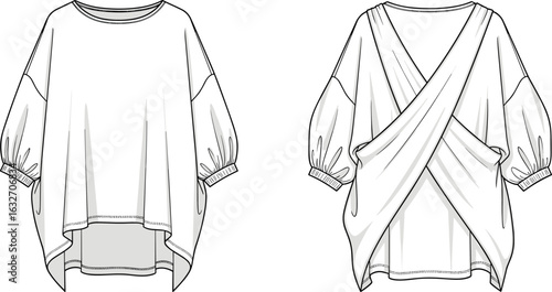 Cad drawing, loose-fitting top, front and back view, asymmetrical hem, cuffed sleeve, crisscross back, draped fashion garment design