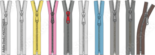 Cad drawing, flat vector illustration of zippers, colorful slider designs, curved tail-end zipper, garment accessories, textile fasteners, fashion hardware
