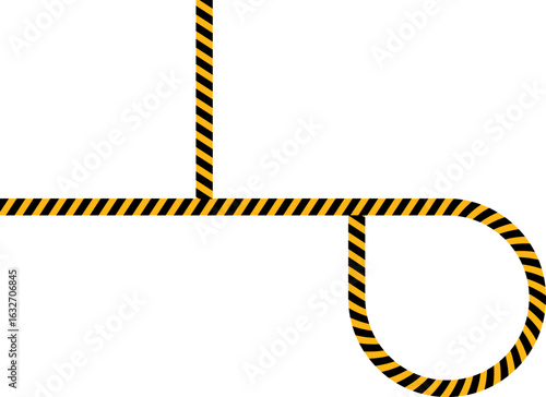A straight line with a loop and a perpendicular line featuring a path of yellow and black diagonal lines resembling a traffic sign.