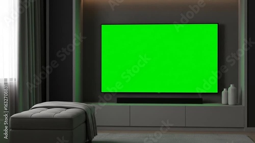 Modern living room with green screen TV
