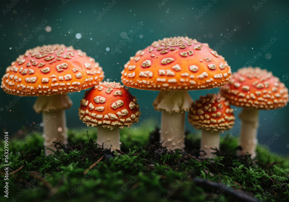 Obraz premium A cluster of vibrant red and white spotted fly agaric mushrooms growing in a lush, green forest setting with a soft bokeh background