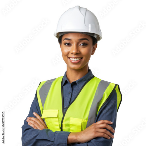 Smiling construction worker woman wearing a white safety helmet and bright yellow high visibility vest isolated on transparent background