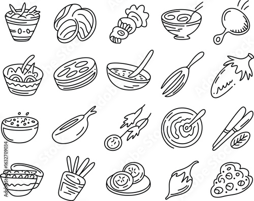 Various vegetarian food dishes vector outline illustration healthy eating concept fresh salad appetizers and main courses healthy meal preparation