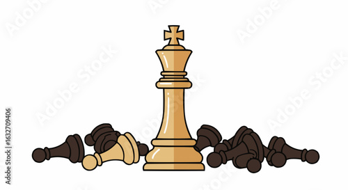 Illustration of a chess king standing tall surrounded by fallen pawns on a white background