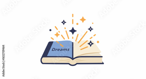 Illustration of an open book titled dreams with stars and sparkles emitting from the pages