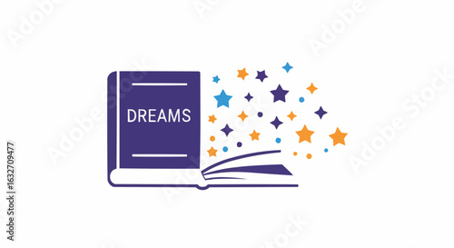 A book titled dreams with stars and circles floating out of it on a white background design art