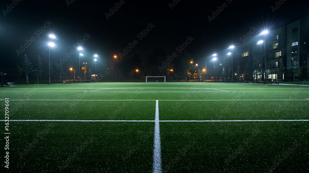 Fototapeta premium Illuminated green soccer field with goal at night image