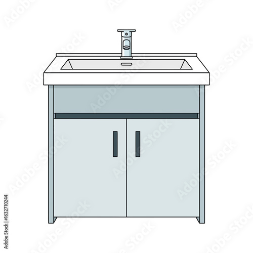 Bathroom vanity with sink faucet and cabinet doors illustration.