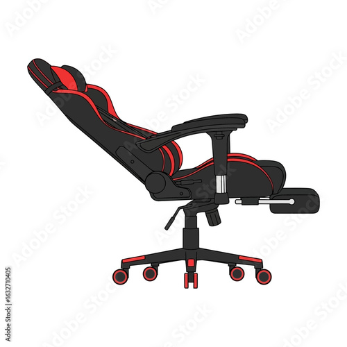 Black and red gaming chair with footrest and wheels in side view.