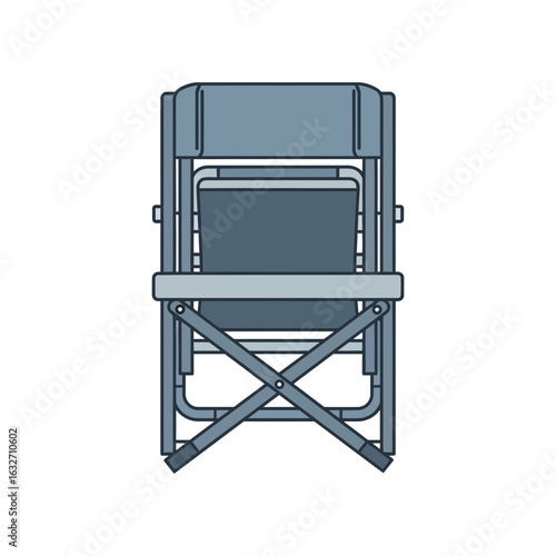 A gray folding chair is shown from the front with crossed legs.