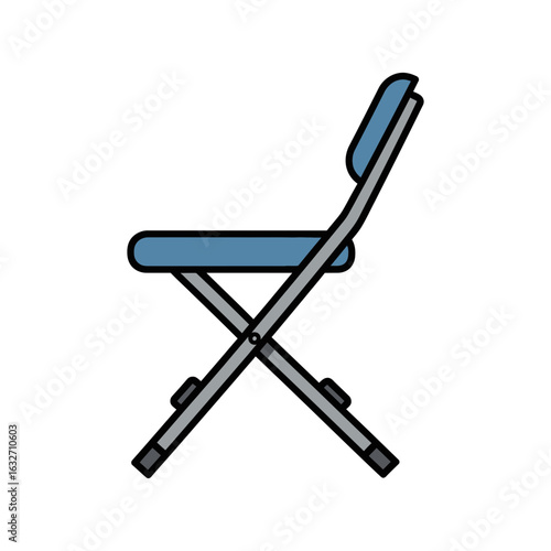 A blue folding chair with a metal frame is shown in a side view.