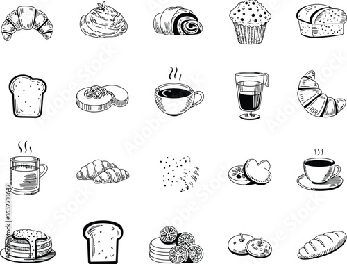 Hand Drawn Pastries and Drinks Collection Breakfast Treats and Coffee Line Art Black and White Illustration