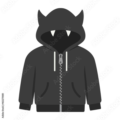 Dark hoodie with horns fangs and zipper pockets.