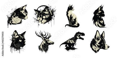 Illustration of diverse artistic collection of animal portraits in a distressed ink style, featuring cats, wolves, a deer, and a tyrannosaurus rex, all isolated on a white background