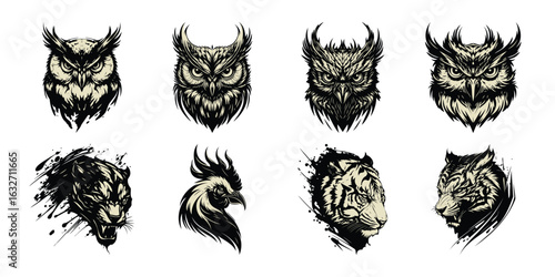 Illustration of compilation of eight distinct animal head graphics, isolated on white background, including owls, a rooster, and tigers, rendered in a bold, stylized artistic manner