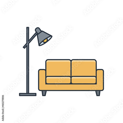 A yellow couch and a gray floor lamp are depicted in a simple illustration.