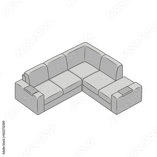 Sectional sofa with armrests and integrated side tables.