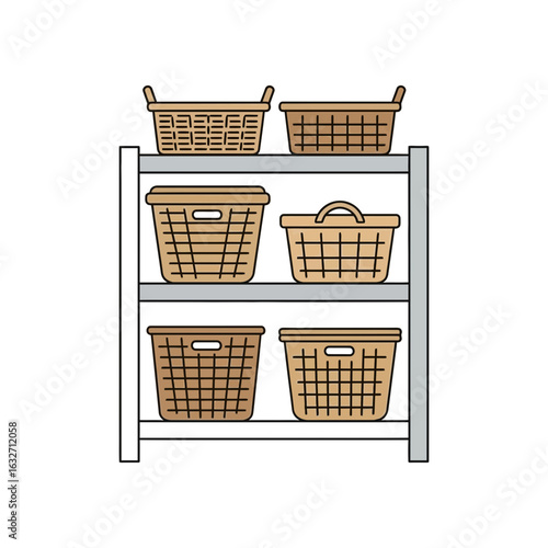 Shelving unit with woven baskets on three levels.