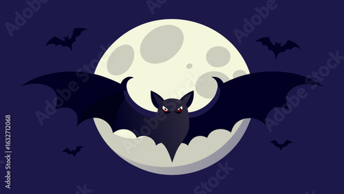 Halloween Bat Flying in Front of Full Moon with Smaller Bats on Dark Purple Background night
