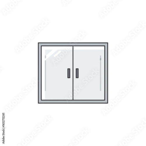 A closed glass shower door with two handles.