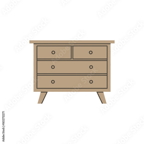 Wooden dresser with drawers and round handles.