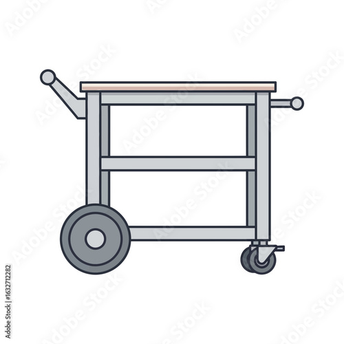 A two-tiered metal cart with wheels and handles.
