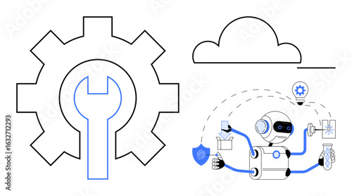 Robot multitasking with tools, lightbulb, and shield beside a gear and cloud icon. Ideal for automation, technology, innovation, robotics, cloud computing maintenance efficiency. Simple flat