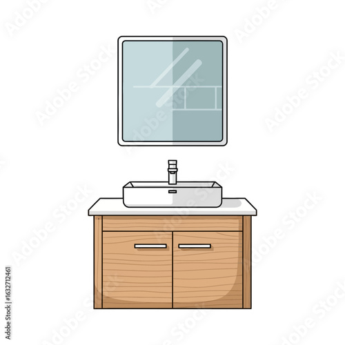 Bathroom vanity with sink and mirror.