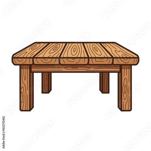 Wooden table with four legs and a slatted top.
