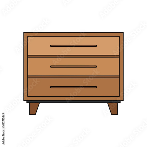 Wooden chest of drawers with three drawers and legs.