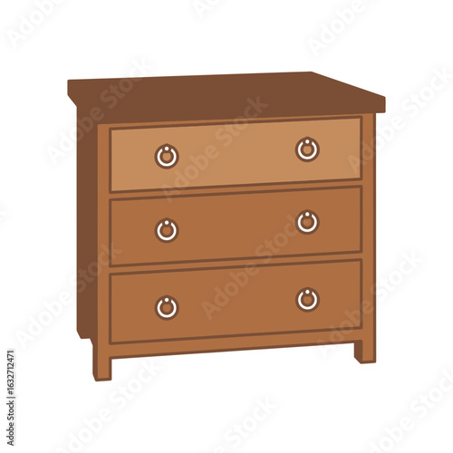 Wooden chest of drawers with three drawers and round handles.