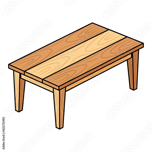 Wooden table with four legs and a slatted top.