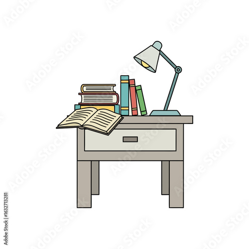 Books and a lamp sit on a bedside table with a drawer.
