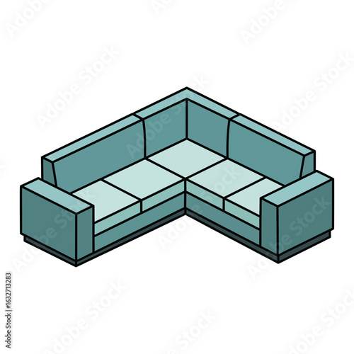 Isometric illustration of a sectional sofa with cushions and armrests.