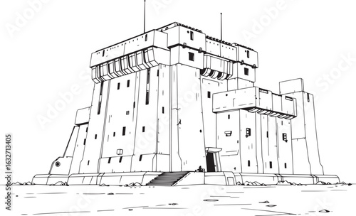 A powerful defensive fortress. The illustration expresses power and steadfastness. Hand drawn vector illustration