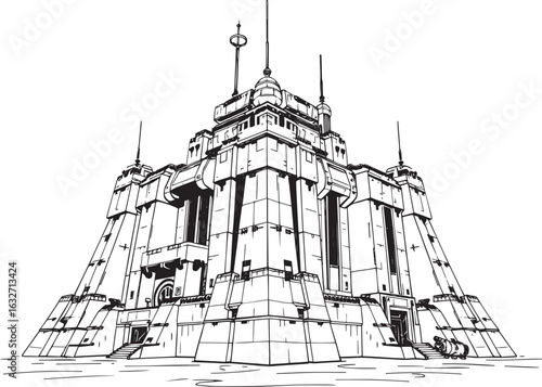 A powerful defensive fortress. The illustration expresses power and steadfastness. Hand drawn vector illustration