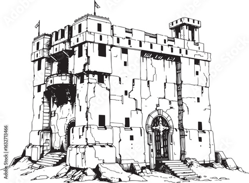 A powerful defensive fortress. The illustration expresses power and steadfastness. Hand drawn vector illustration