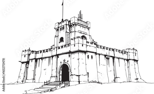 A powerful defensive fortress. The illustration expresses power and steadfastness. Hand drawn vector illustration