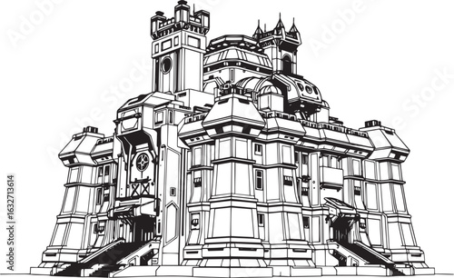 A powerful defensive fortress. The illustration expresses power and steadfastness. Hand drawn vector illustration