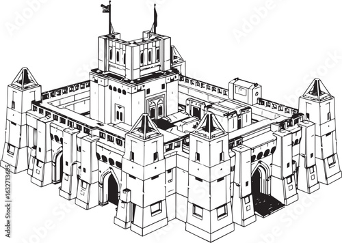 A powerful defensive fortress. The illustration expresses power and steadfastness. Hand drawn vector illustration