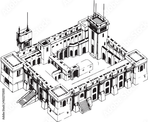 A powerful defensive fortress. The illustration expresses power and steadfastness. Hand drawn vector illustration
