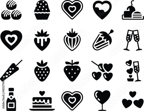 Delightful Collection of Chocolate Treats and Celebratory Icons for Valentines Day in Black and White
