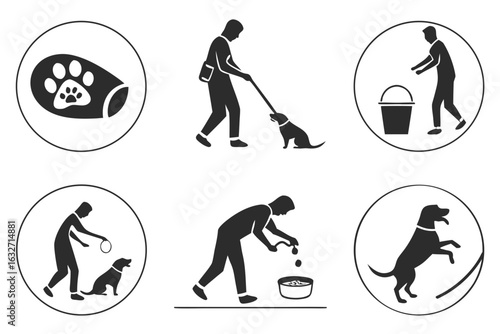 Set of icons representing dog care and training activities