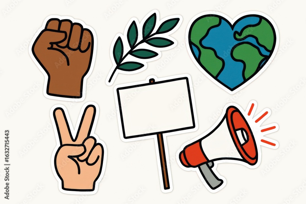 Fototapeta premium Empowering symbols of social change showcasing a raised fist for justice a peace sign holding leafy hope a megaphone amplifying voices and a heart-shaped globe representing love and unity