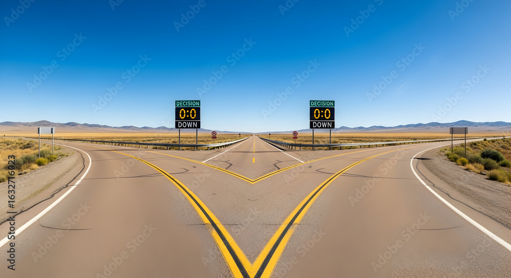 Fototapeta premium Crossroads Of Choices In A Vast Arid Landscape Under A Clear Blue Sky